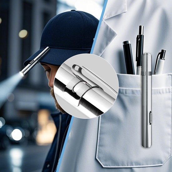 Een set van drie oplaadbare LED-zaklampjes in penvorm - inclusief USB-oplaadkabel - waterdichte mini-zaklampjes - roestvrij staal - met clip - geschikt voor machineonderhoud en noodverlichting - compact ontwerp - past in portemonnees en werktassen — afbeelding 5