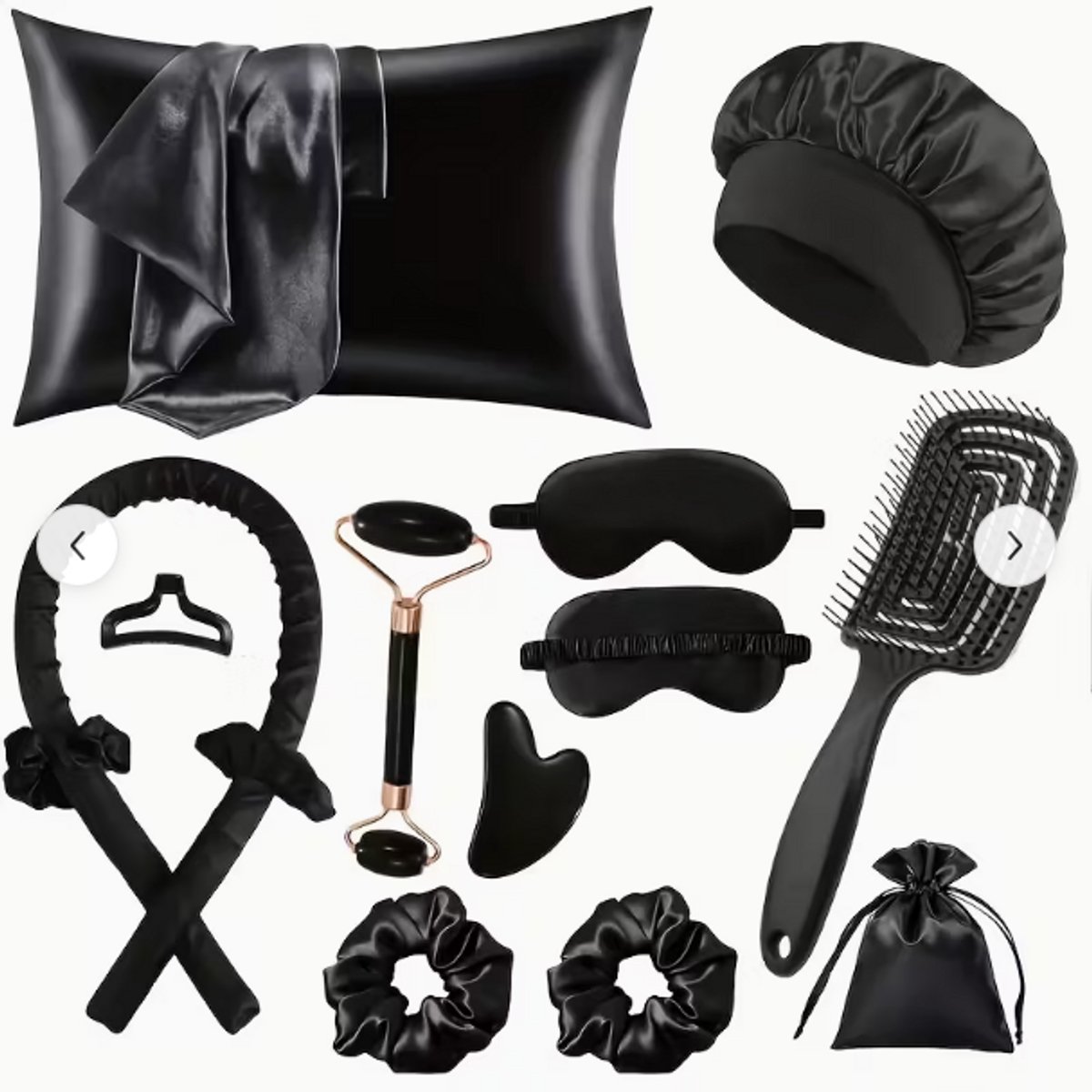 13-delige Dames Slaap Haarstyling Design Tool Set - Krulset Zonder Hitte met Overnachtkrullers, Gezichtsmassager, Kussensloop & Slaapmasker - Zwart