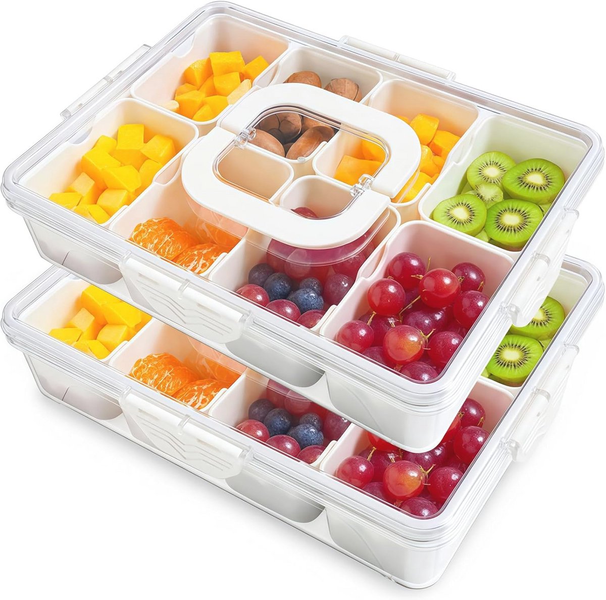 Snackbox met deksel en handvat - 8 compartimenten voor fruit, noten en groenten