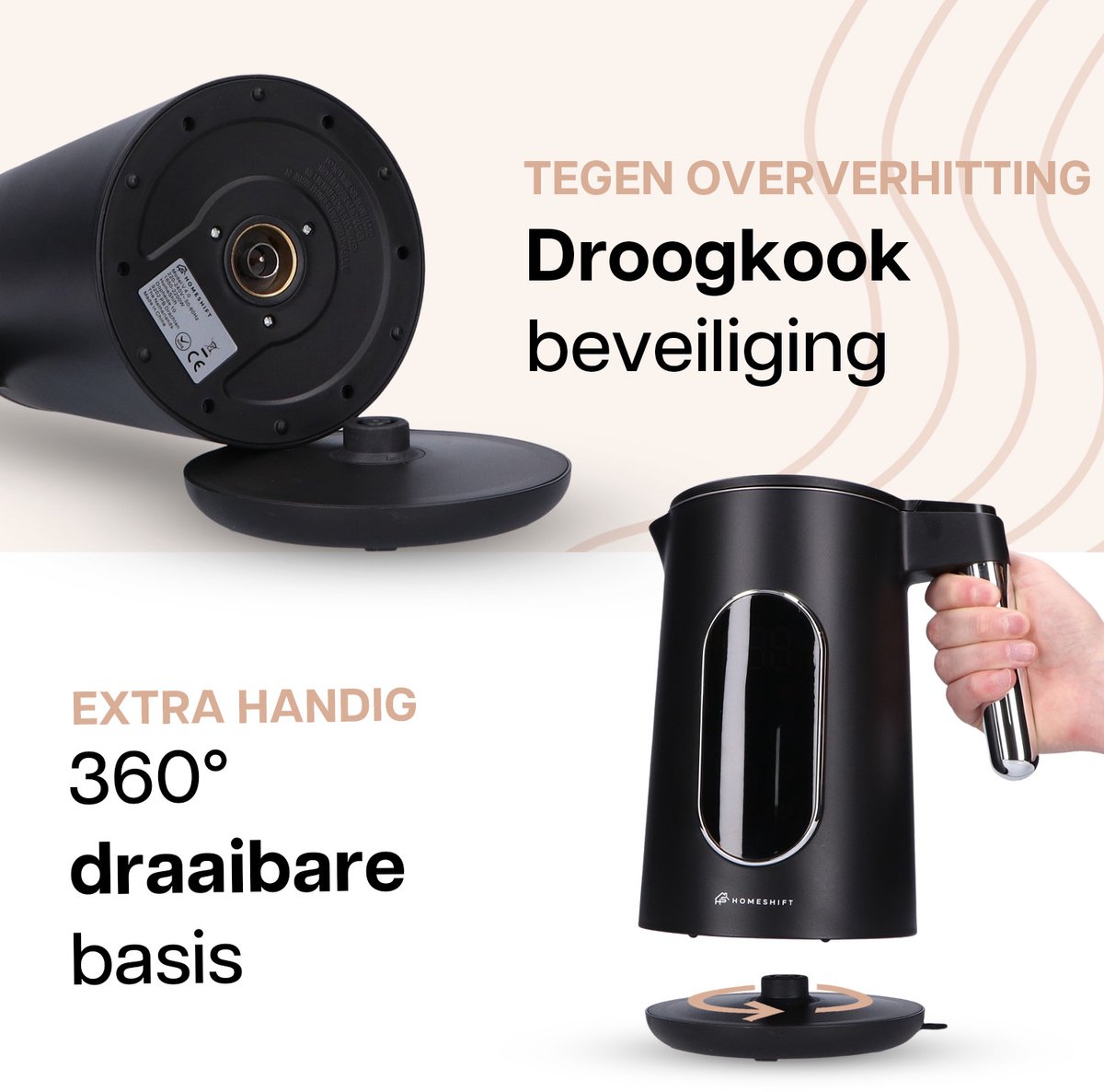 HomeShift® Waterkoker met Temperatuurregeling - Warmhoudfunctie - Dubbelwandig - Elektrisch - 1,7 Liter - 2200W - Zwart – foto 5