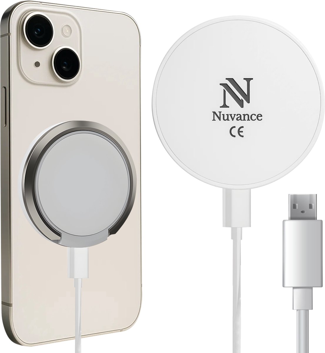 Nuvance Draadloze Oplader - 15W Snellader - Geschikt voor Magsafe - Wireless Charger - incl. Usb-A Kabel - Wit