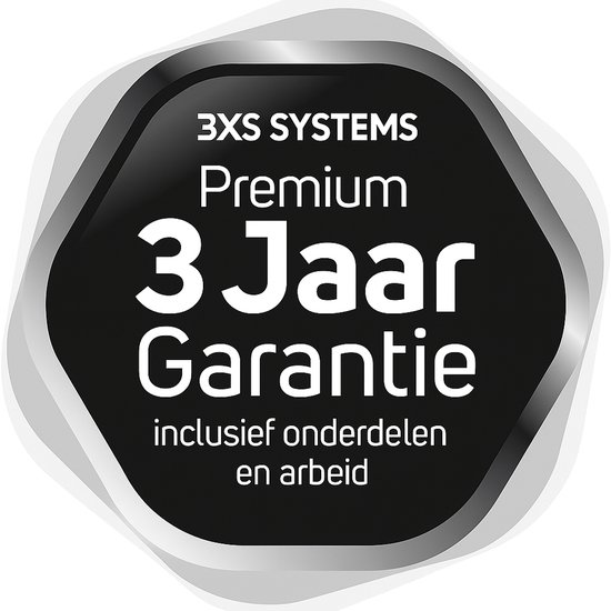 Zwart schild met "3XS SYSTEMS Premium 3 Jaar Garantie inclusief onderdelen en arbeid" tekst.