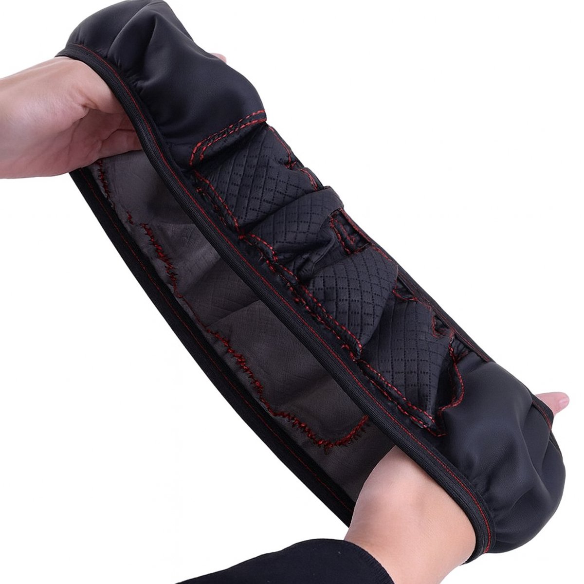 Stuurhoes Auto 37-38 cm - Universeel - Kunstleer - Antislip - 3D Reliëf - Zwart met Rode Stiksels – foto 2