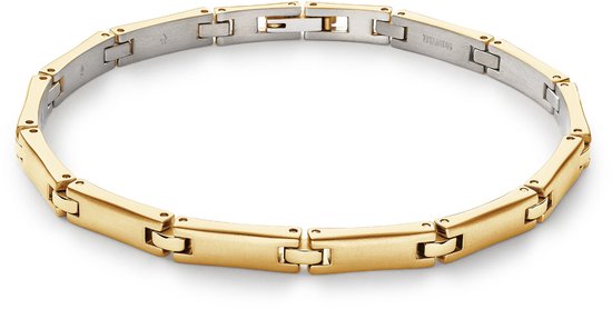 Gouden schakelarmband met een matgouden en zilverkleurig titanium design. De armband is opengewerkt en heeft een gesp.