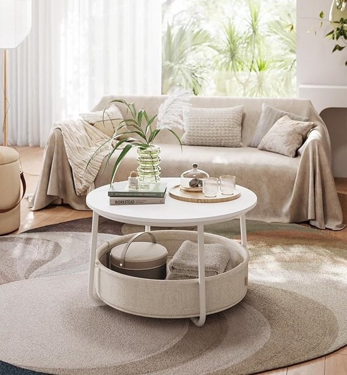 Bobbel Home - salontafel Rond - tafel met opbergruimte - bijzettafel - Met stoffen mand - metalen frame - wit-kameelbruin - 75 x45 cm