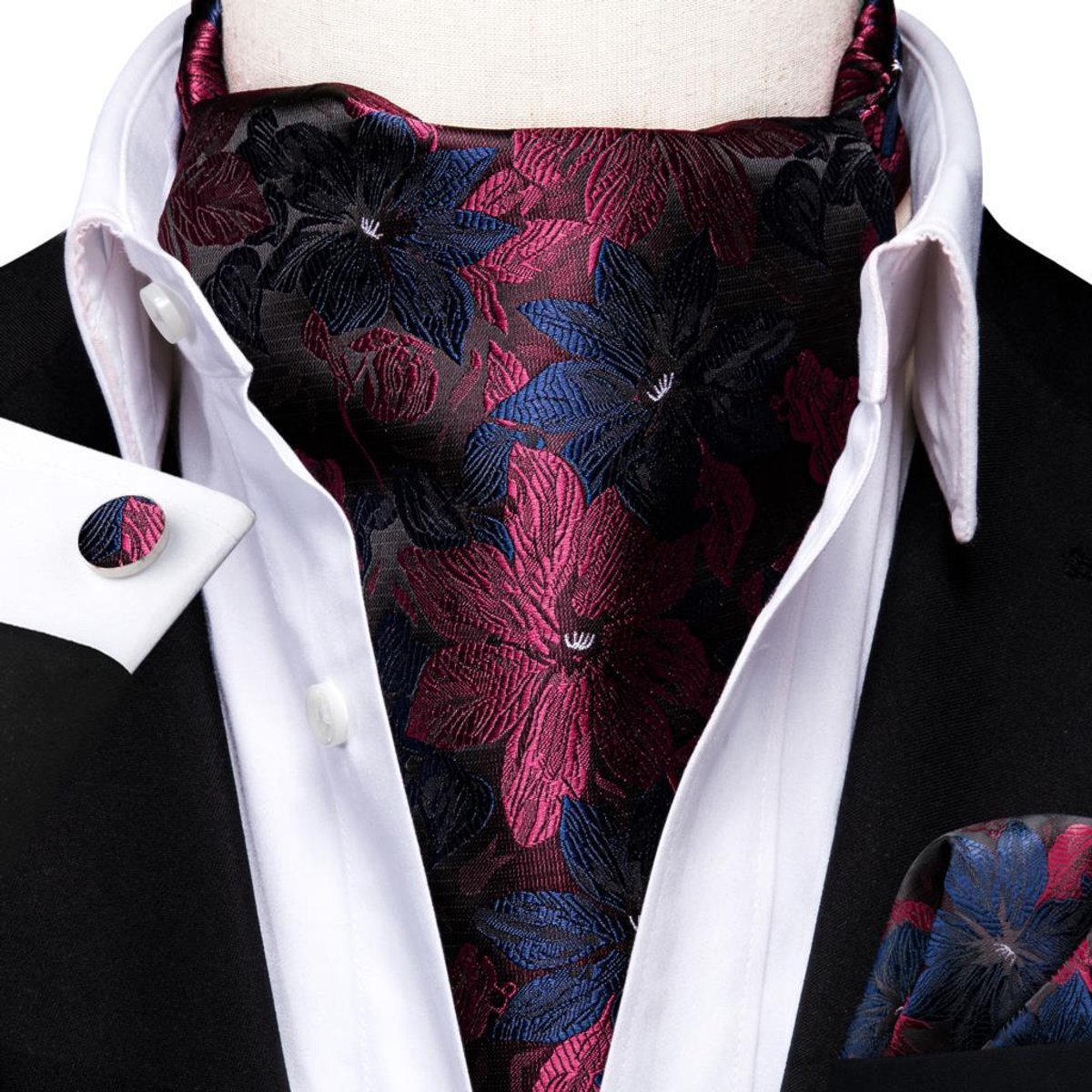Zijden Ascot Sjaal Set: Fular, Pochet & Manchetknopen