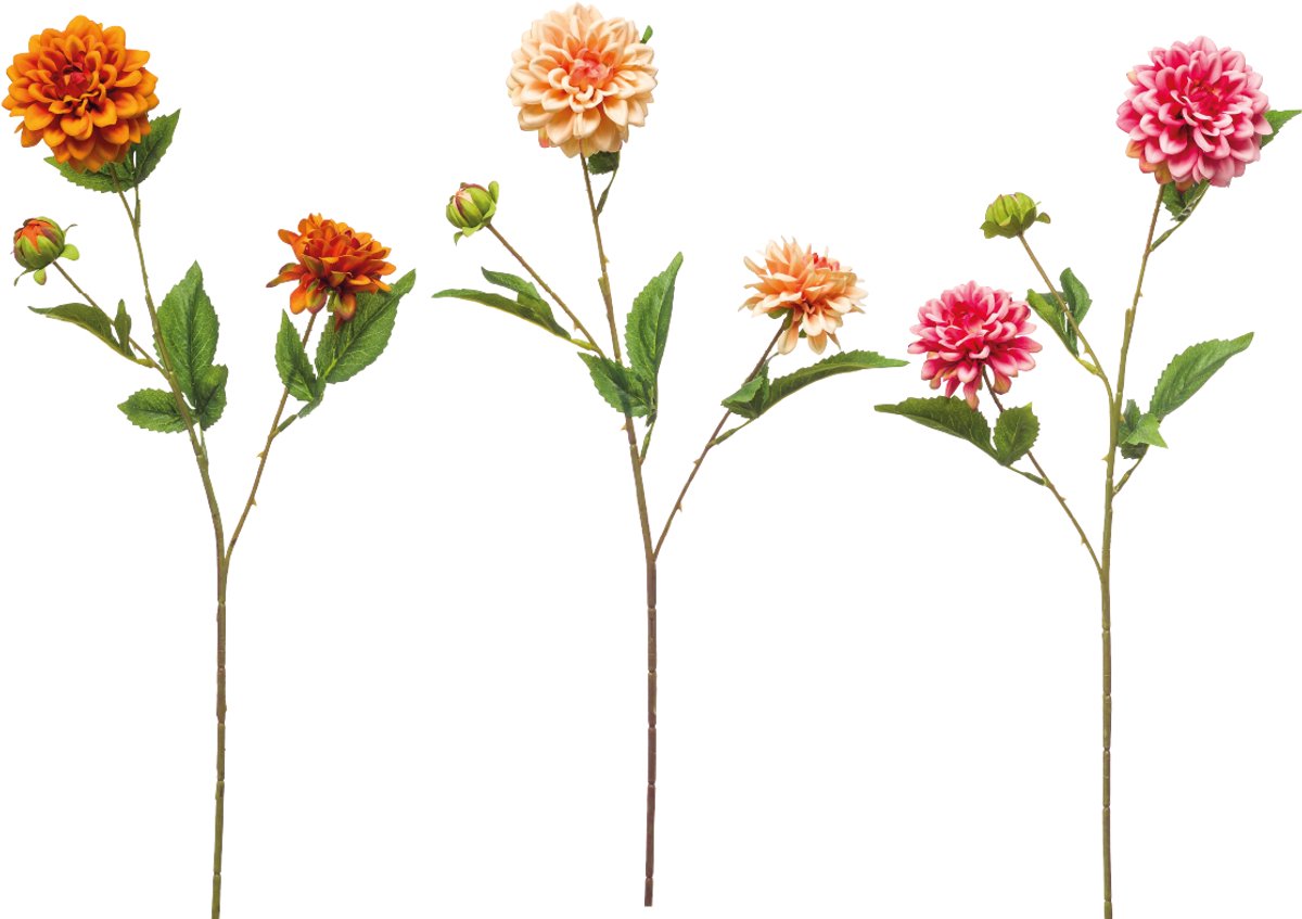 Emerald Kunstbloem Dahlia mini 68cm - Set van 3 - Kunstplant voor binnen Oranje, Peach & Roze - Set van 3