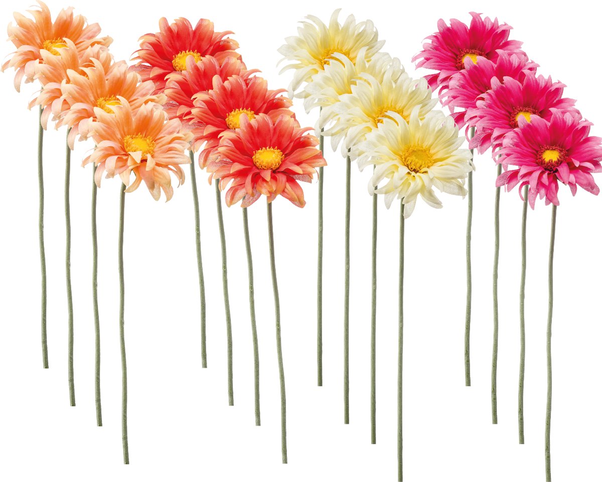 Emerald Kunstbloem Gerbera Mini 50cm - Set van 16 - Kunstplant voor binnen Peach, Oranje, Lichtgeel & Fuchsia - Set van 16