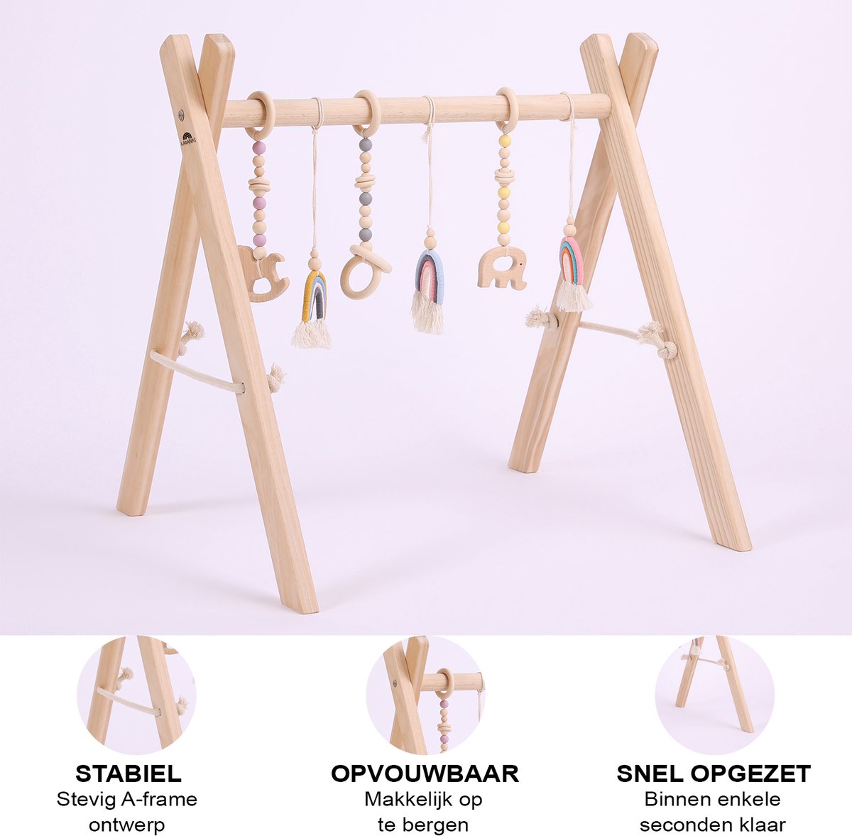 babygym hout incl. 5 speeltjes + dubbelzijdige speelmat – houten Speelboog Baby – Stevige constructie & inklapbaar — afbeelding 10