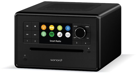 Zwarte Sonoro internetradio met CD-speler, met kleurenscherm en knoppen voor favorieten en menu.