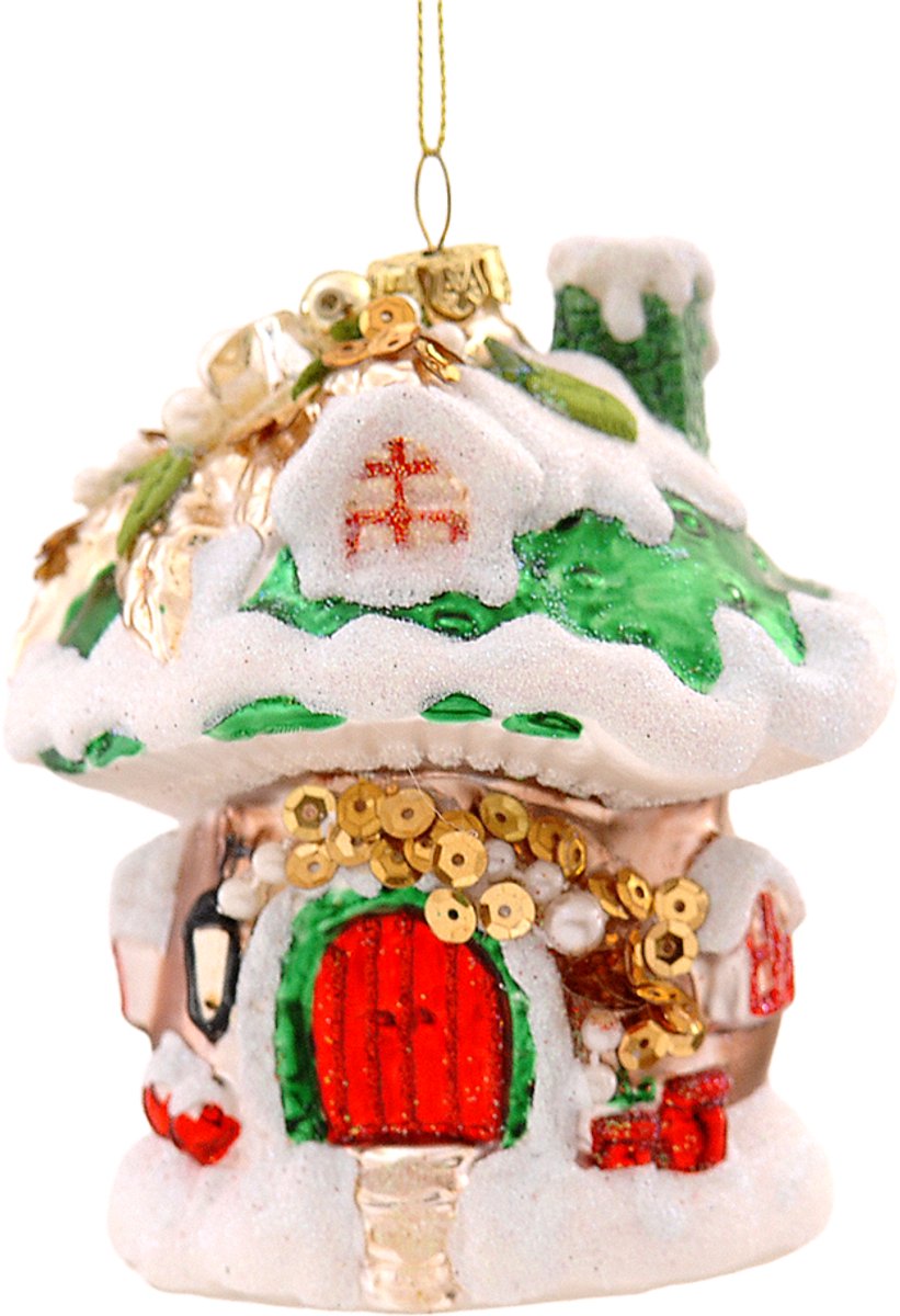 Viv! Christmas Kerstornament - Paddenstoel Huis - glas - rood groen wit - 10cm