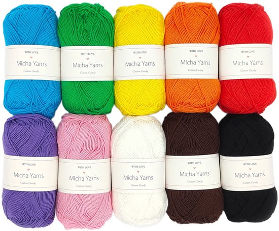 Micha Yarns - 10 bollen haakkatoen pakket - 100% katoen haakgaren - 10 x 50gram - Cotton Candy - Rainbow Bright (001)