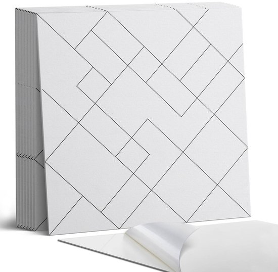 Stapel witte zelfklevende tegels met een grijs abstract lijnpatroon.