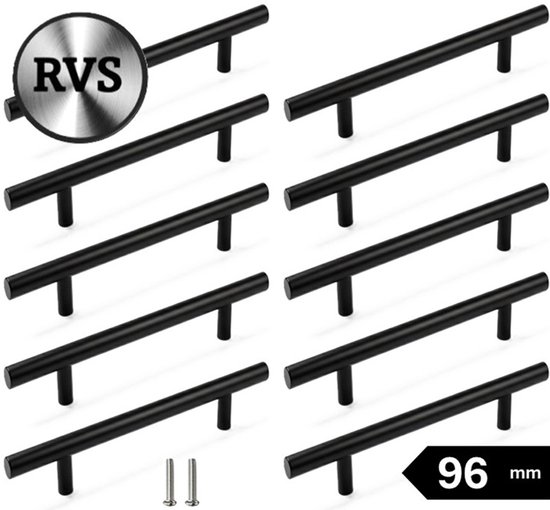 Dix poignées noires en forme de T en acier inoxydable avec une distance entre les trous de 96 mm, à côté de deux vis.
