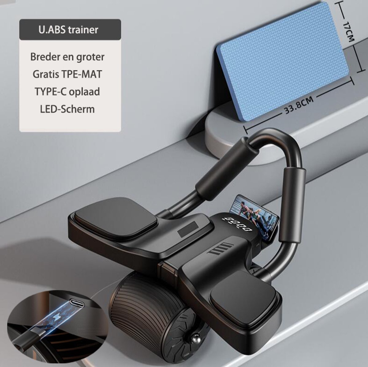 Hoge kwaliteit buikspiertrainer - Abdominale Roller-Abdominale Roller Workout Krachttraining -U.ABS Ab Roller-Luxe Abdominal Roller-Buikwiel-Fitnesswielen-Ab wheel-LCD Display - Duurzame buikroller--Training Abdominal-Buikspiertrainer - USB - Type C