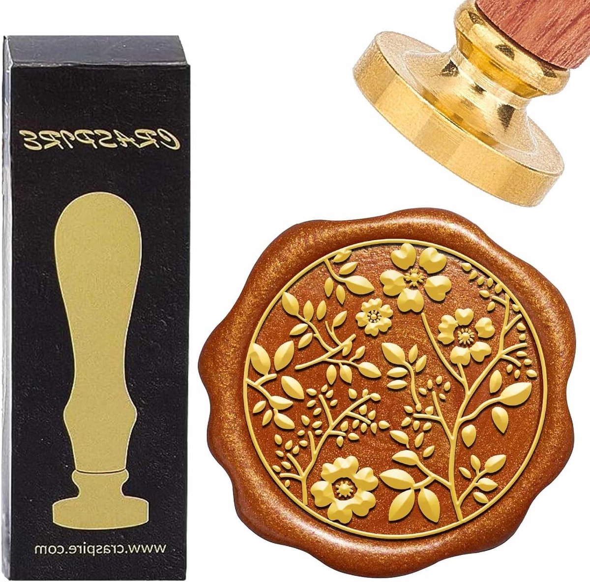 CSGoods - Wax Stempel Plant Tak Bladeren | Vintage Messing Stempel Hoofd 30mm | Retro Palissander Handvat | Bruiloft Uitnodigingen Thanksgiving Gift