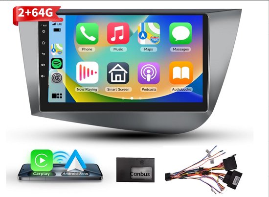 Autoradio - 9 inch, compatibel met Seat Leon 2005-2013, Android 15, GPS-navigatie, head unit voor CarPlay, Android Auto, wifi, Bluetooth, stuurwielbediening, autoradio met AHD-camera/microfoon, 4GB+64GB