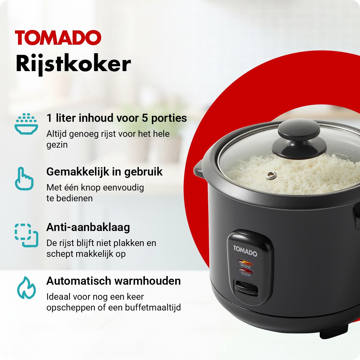 Tomado TRC1001B - Rijstkoker - Inhoud 1 liter - Warmhoudfunctie - 5 porties - Anti aanbaklaag - Rice cooker - Zwart thumbnail 2