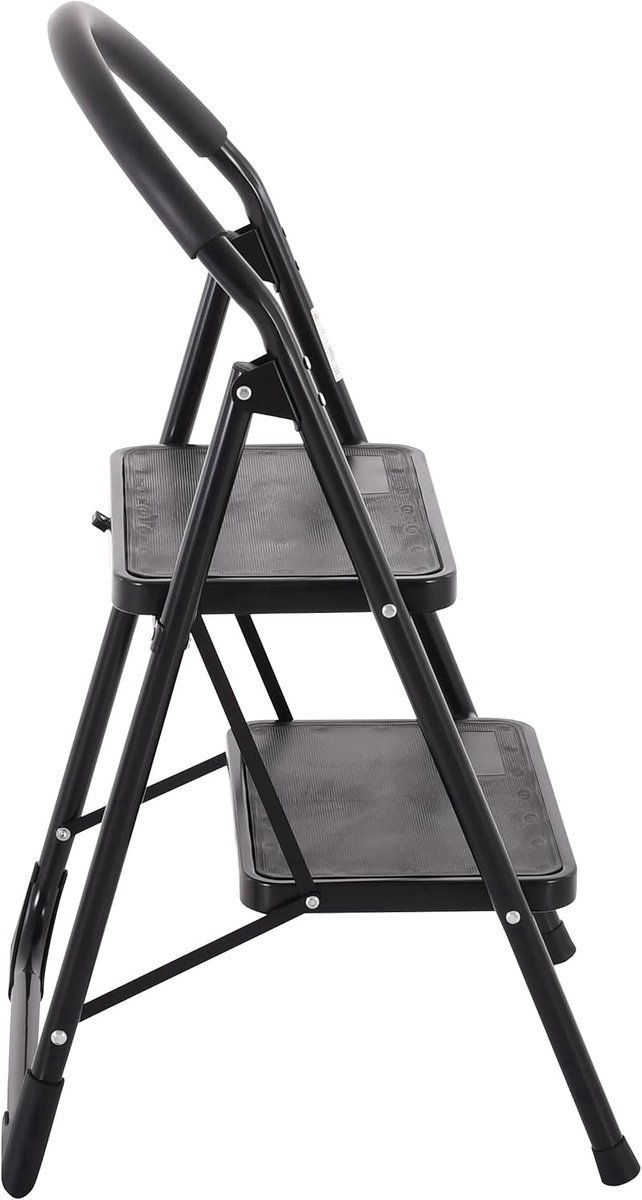 Borvat® – Inklapbare stalen trapladder met 2 treden – Antislip & stabiele huishoudtrap – Compact ontwerp – Zwart – foto 5