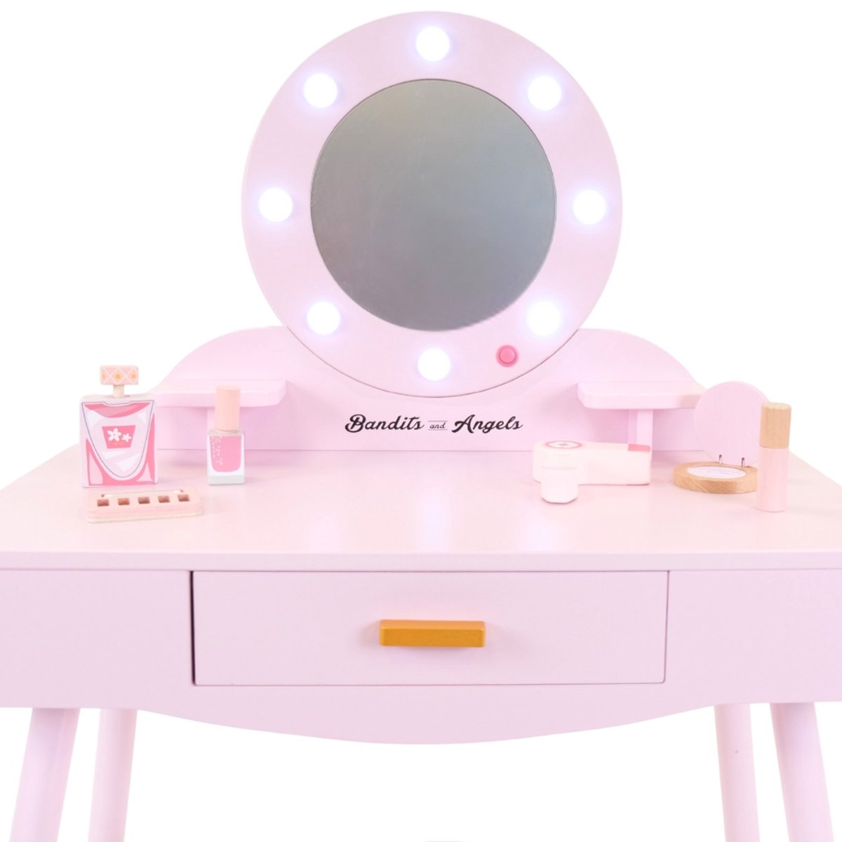 Bandits & Angels Kinder Kaptafel Sofia Roze Met Spiegel en Lampjes voor Meisjes vanaf 3 jaar - Houten Make-Up Tafel - Kaptafel Inclusief Krukje - Voor Kinderen — afbeelding 12