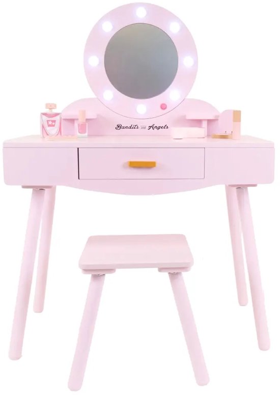 Roze kinder kaptafel met spiegel met verlichting, krukje, lade en make-up accessoires. Bandits & Angels logo.