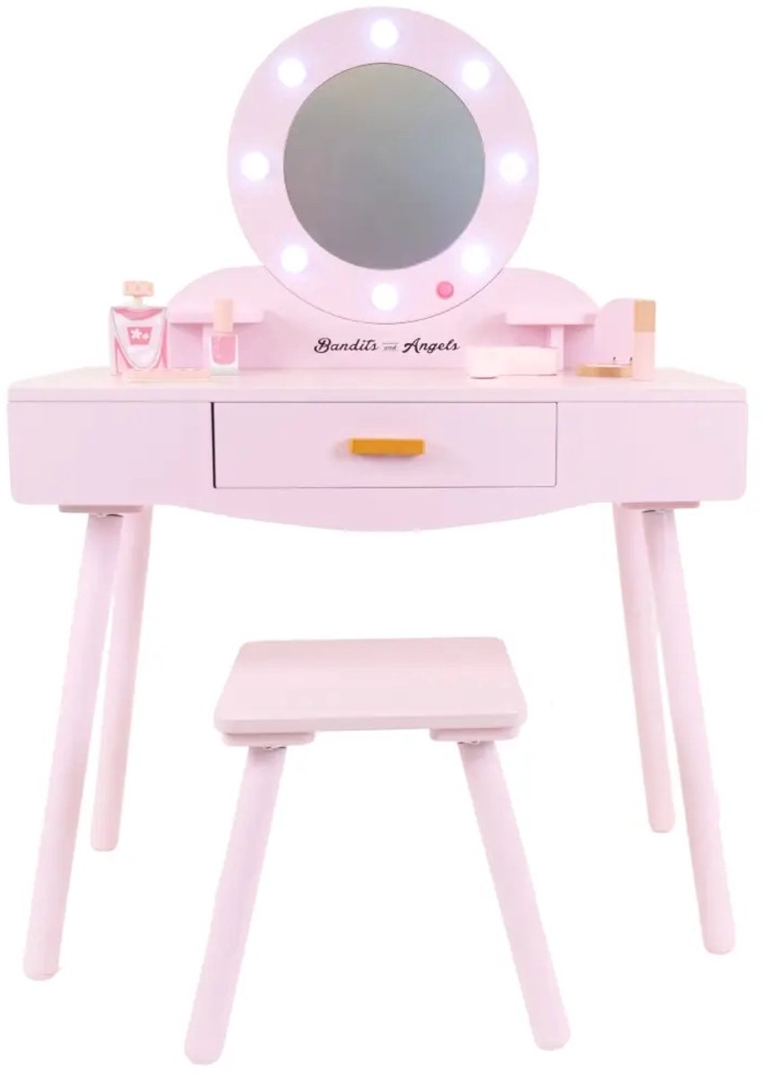 Bandits & Angels Kinder Kaptafel Sofia Roze Met Spiegel en Lampjes voor Meisjes vanaf 3 jaar - Houten Make-Up Tafel - Kaptafel Inclusief Krukje - Voor Kinderen