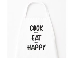 Go Mama - Keukenschort “Cook Eat Happy” – Grappig kookschort – One Size – Verstelbaar – Wit – Humor cadeau