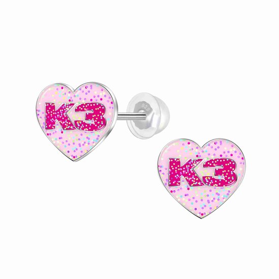 Boucles d'oreilles puces argentées K3 - Collection K3 - cœur rose pailleté - 8 mm