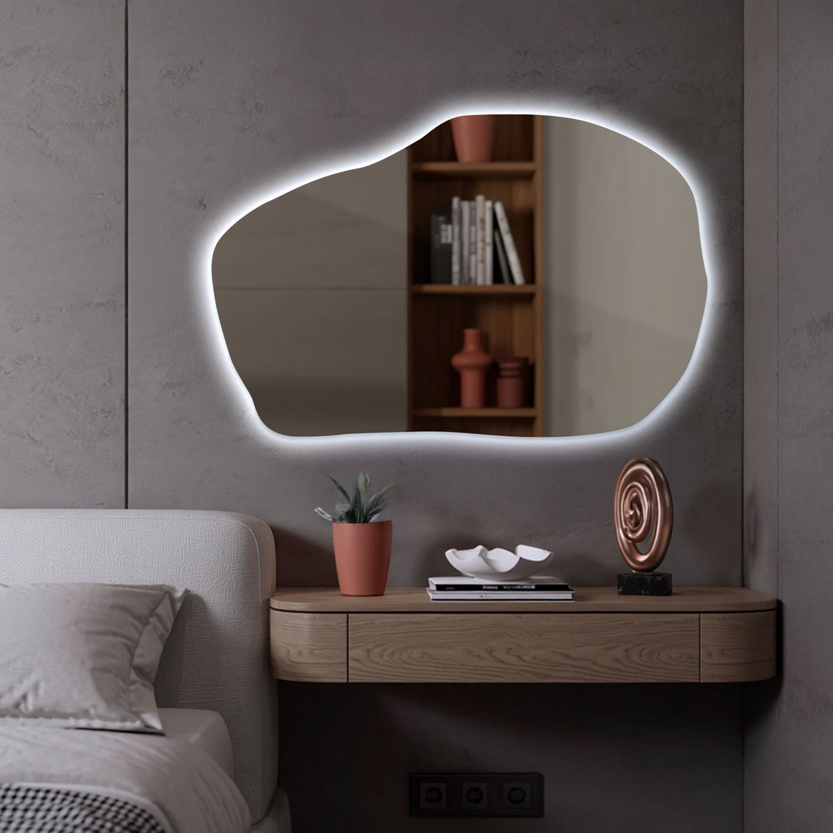 Coloray Toiletspiegel LED - Grote Organische Spiegel Woonkamer LED - 90 cm x 58,5 cm - Organische Spiegel Met Verlichting - Wandspiegel Slaapkamer Organisch LED - Koel Licht - Organische Spiegel Met LED Verlichting - Moderne LED Spiegel