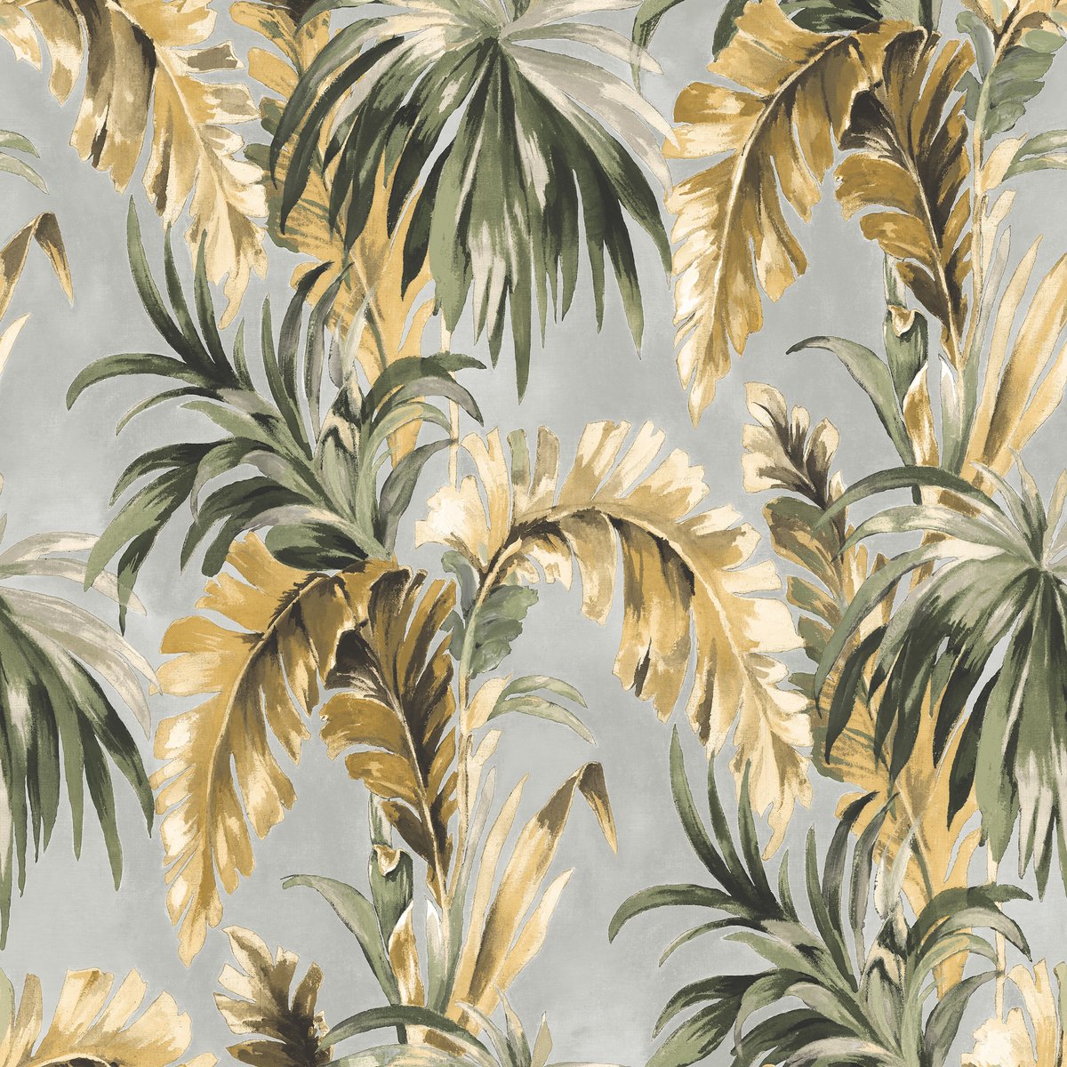 PALMBLADEREN BEHANG TROPISCH GROEN BLAUW ROESTBRUIN EE22532