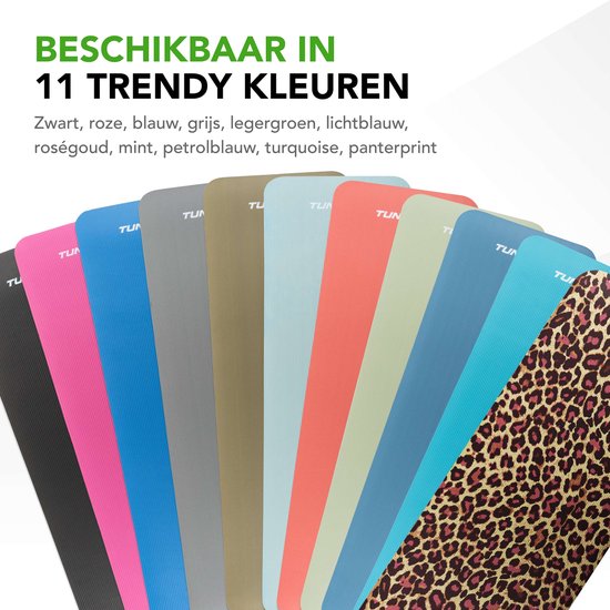 Elf trendy gekleurde fitnessmatten waaronder zwart, roze, blauw, grijs en panterprint.