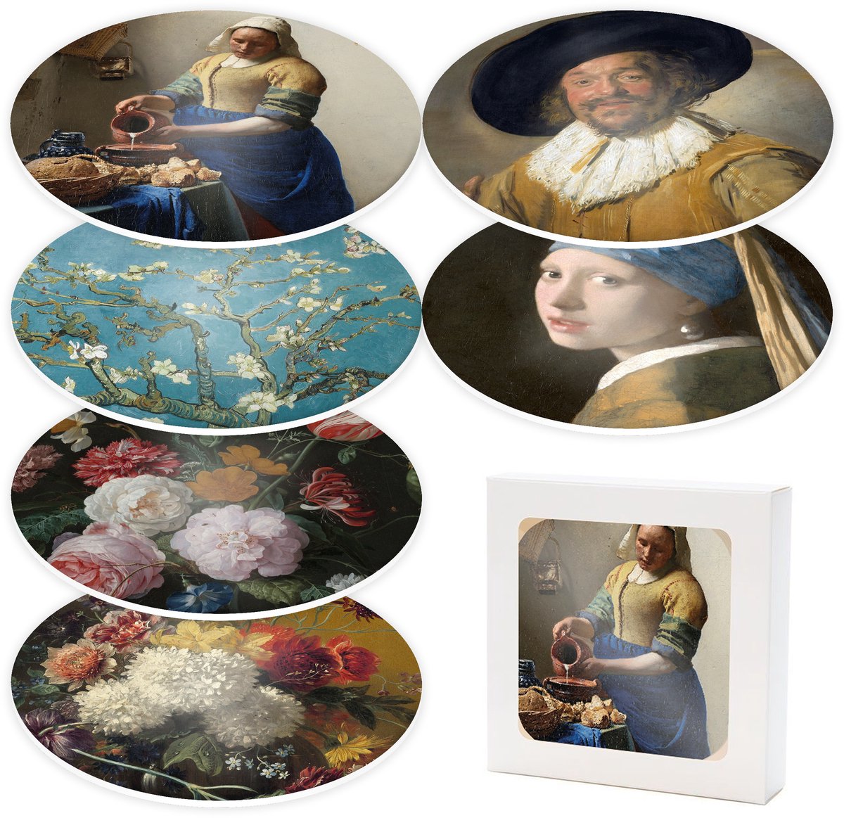Set van 6 onderzetters voor glazen (forex) - Hollandse meesters (Van Gogh, Vermeer, De Heem, Hals, Van Os) - Diameter 10 cm - Gemaakt in Nederland