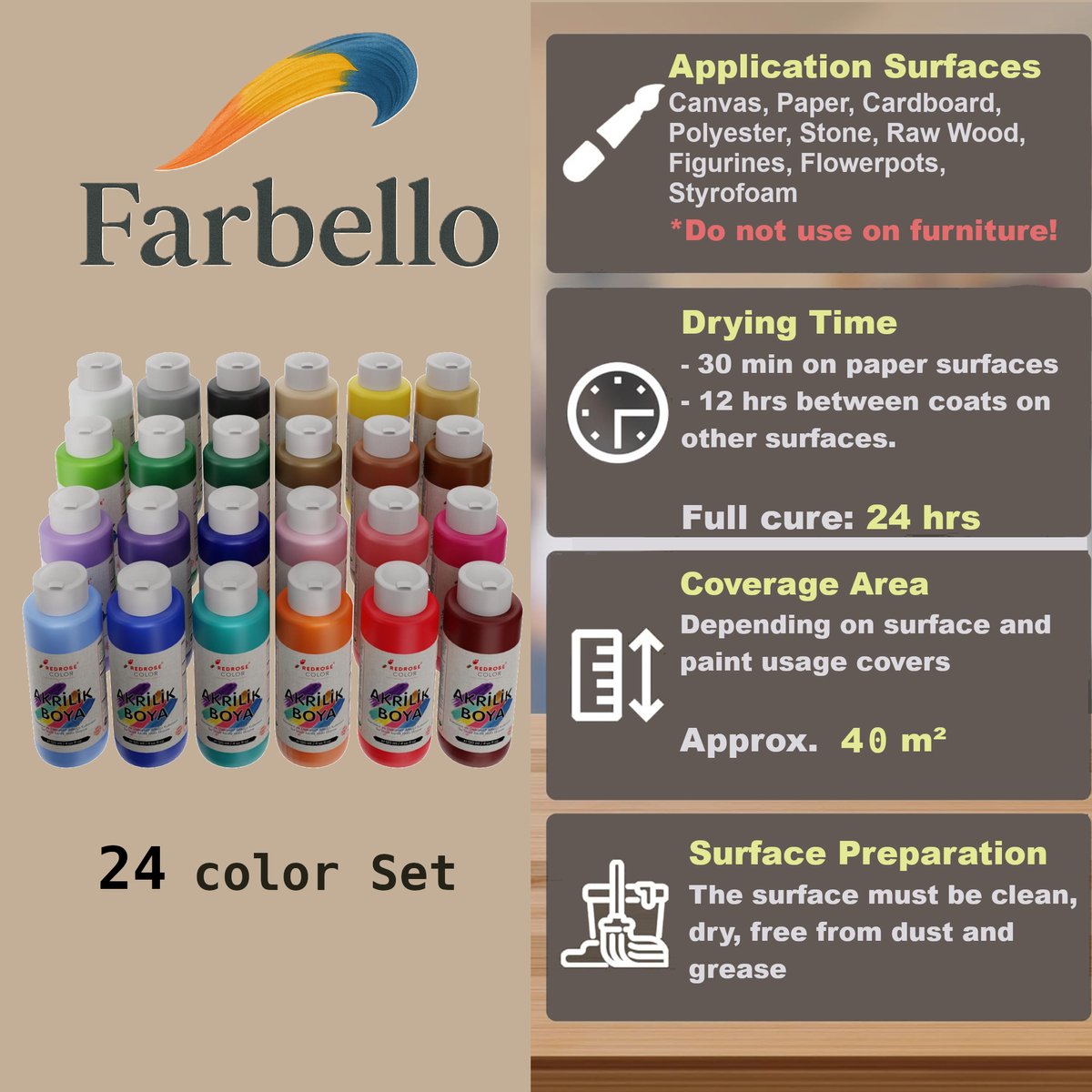 Farbello Acrylverf Set- 24 kleuren, 24 *120 ml., Sterk gepigmenteerde, Niet giftige verf op waterbasis, voor canvas, hout, steen, papier en metaal. — afbeelding 2