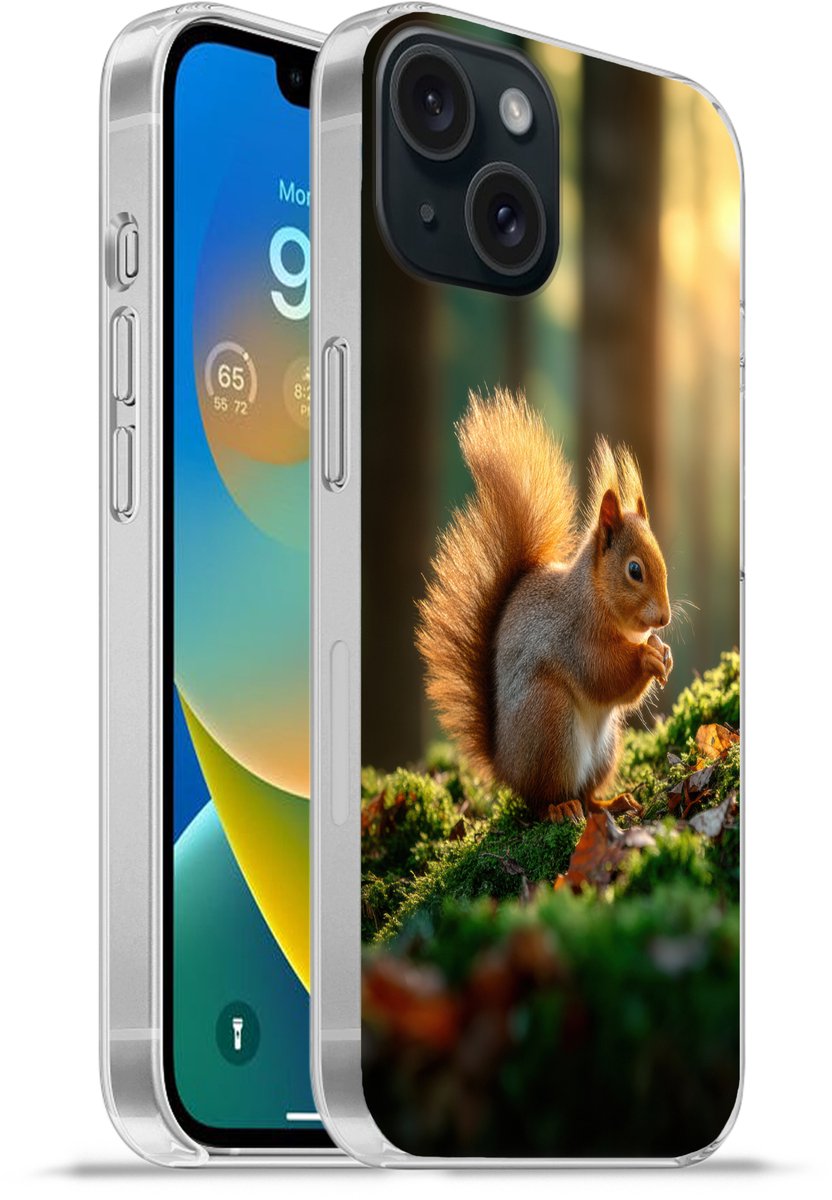 Telefoonhoesje Geschikt voor iPhone 15 hoesje - Eekhoorn - Nootje - Gras - Siliconen Telefoonhoesje Telefoonhoesje