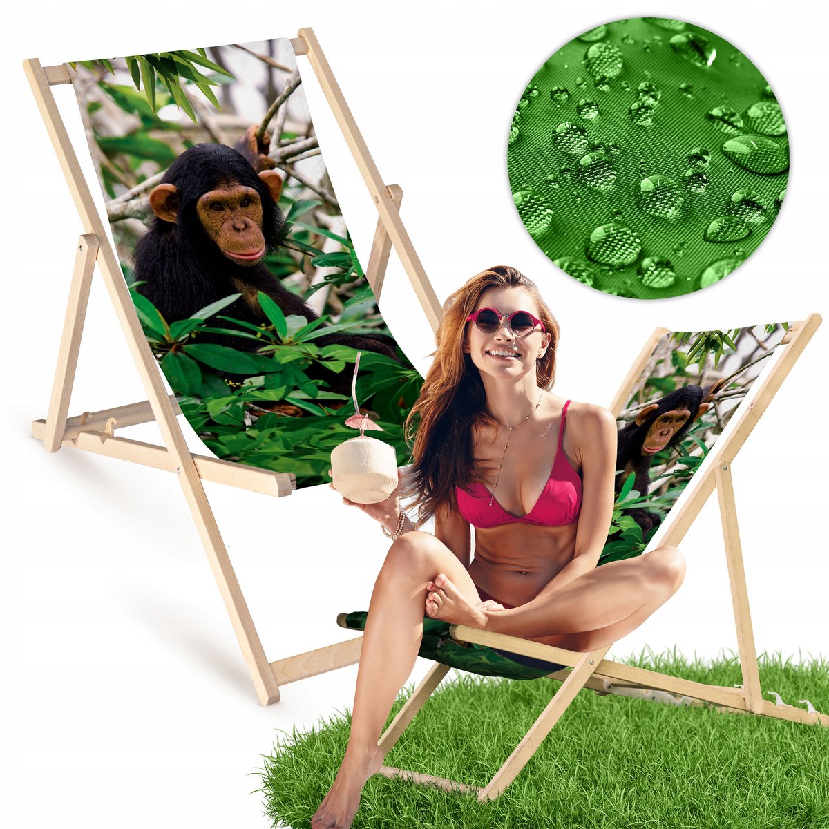 Houten Ligstoel met Apenprint - Strand, Tuin, Balkon