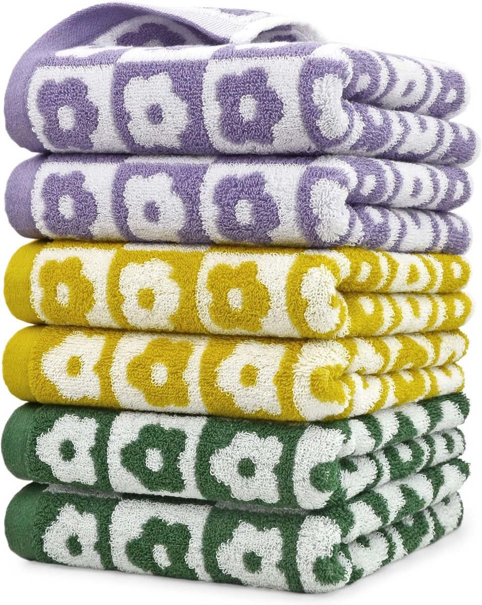 Set van 6 Katoenen Handdoeken met Geruite Bloemen - Zachte en Absorberende Handdoeken voor Badkamer en Keuken