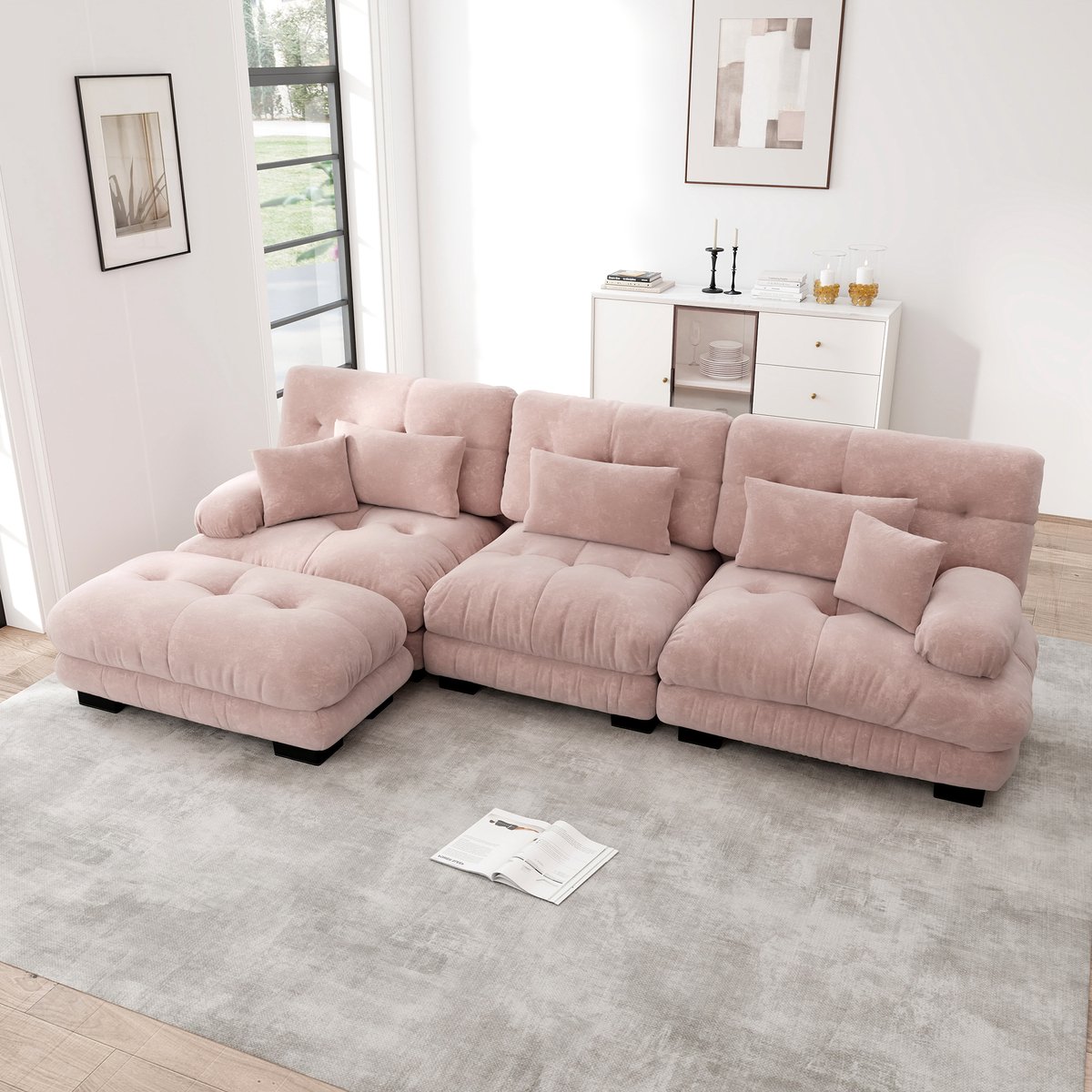 REDOM Modulaire Bank 5-Zits - Diepe Zit met Ronde Armleuningen & Bijpassende Ottomans - Cloud-Look Kussens - Voor Woonkamer - Chenille - Roze - 313x145x81 cm
