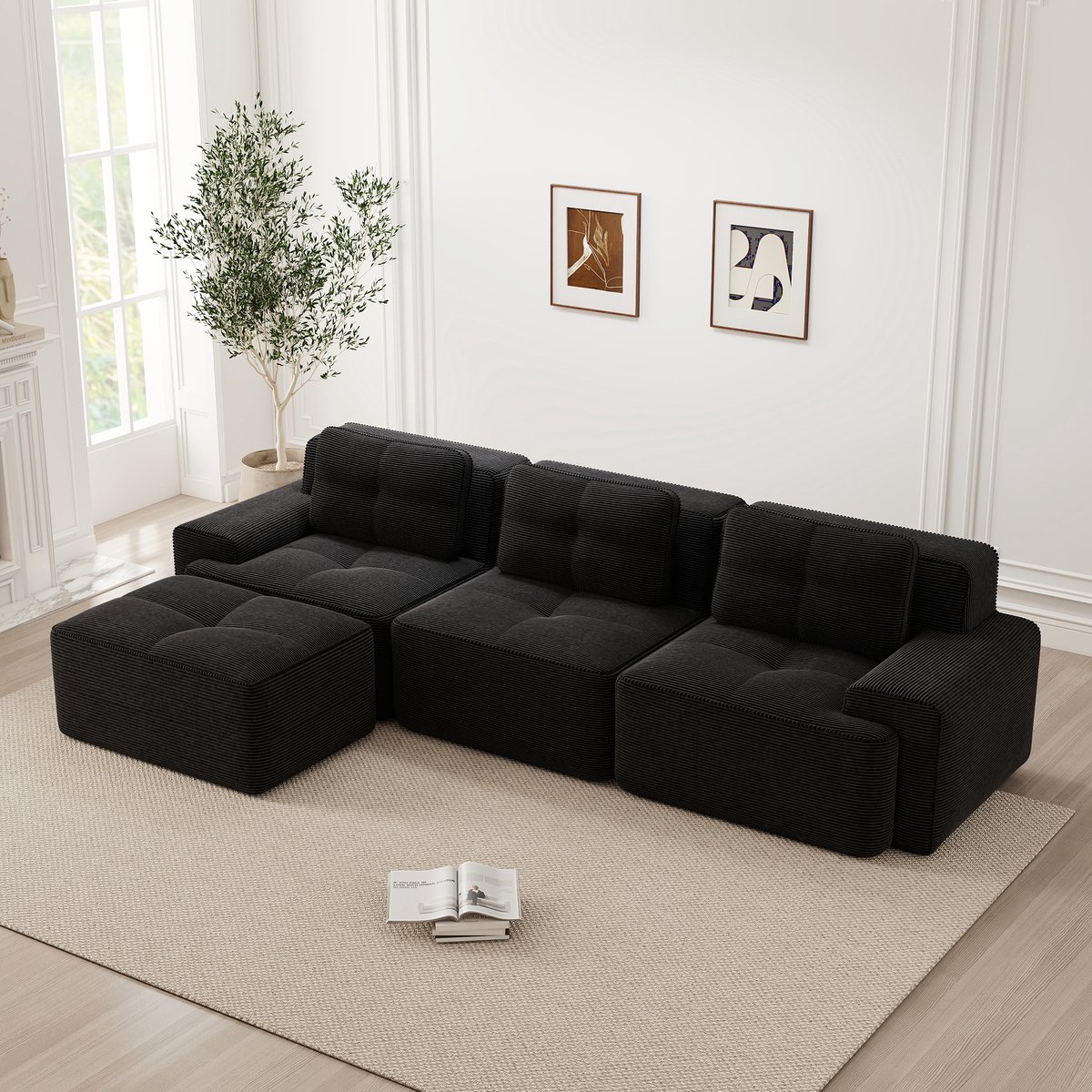 REDOM Modulaire L-vormige hoekbank van cordstof – 3-zits loungebank & slaapbank met diepe