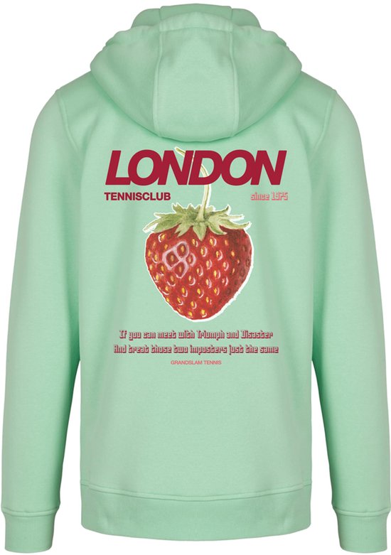 Lichtgroene hoodie met op de achterkant "LONDON TENNISCLUB since 1975" en een grote aardbeienprint.