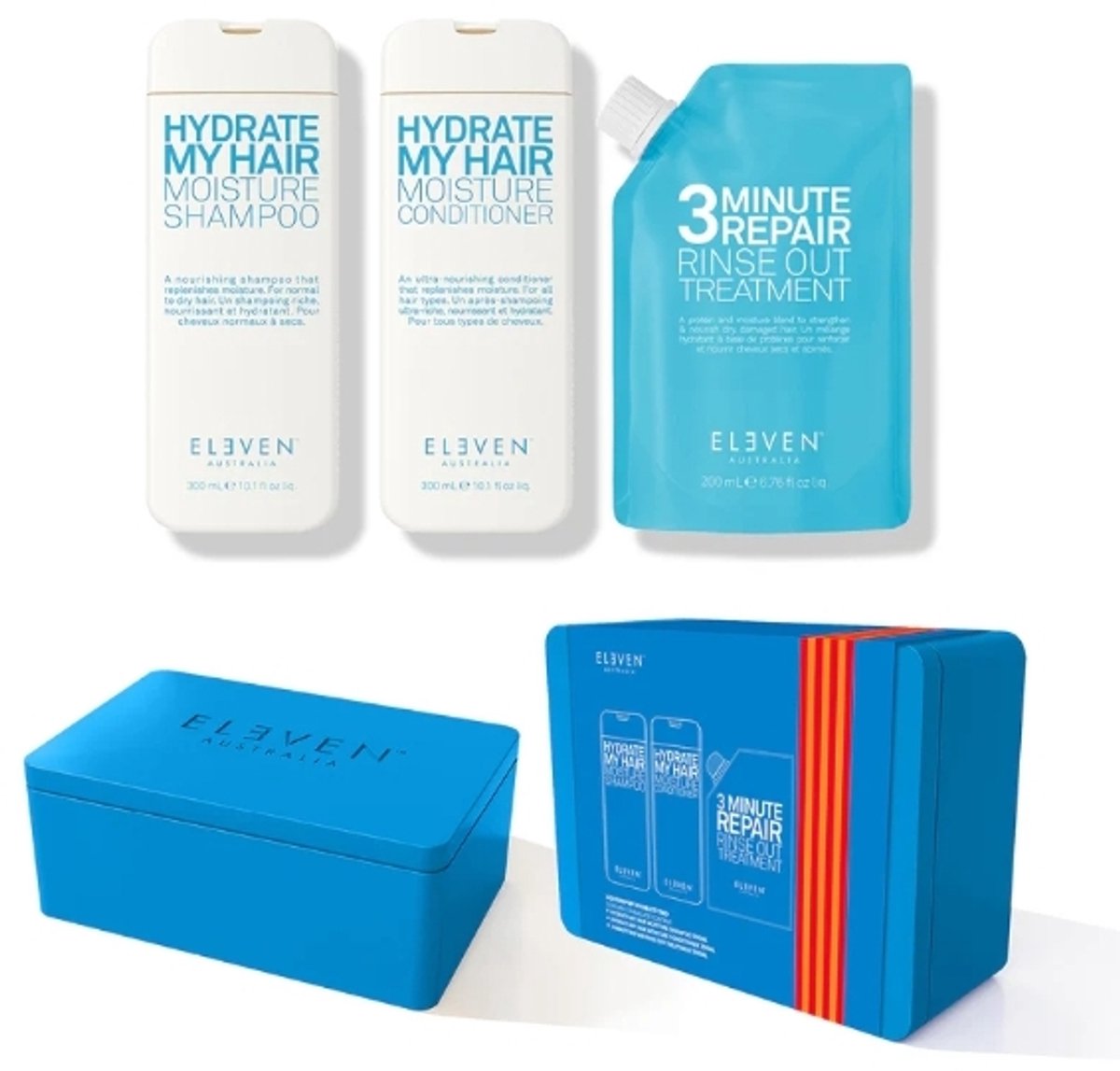 ELEVEN Australia Hydrate Trio – Haarverzorgingsset voor Droog Haar, Shampoo + Conditioner + 3 Minute Repair Treatment, Cruelty-Free