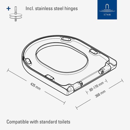 Schematische weergave van een witte toiletbril met afmetingen en scharnieren.
