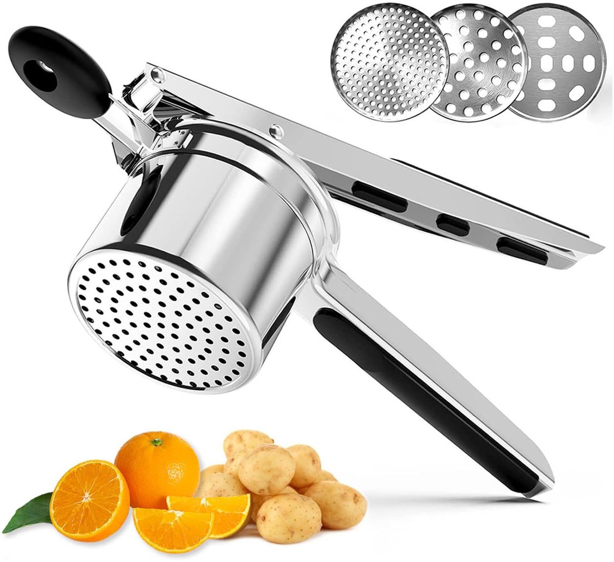 Oneay 1 stuk - Aardappelstamper van roestvrij staal, robuust ontwerp, met 3 stamperbakken, geschikt voor het stampen van aardappelen, babyvoeding, ravioli, enz., vaatwasmachinebestendig.
