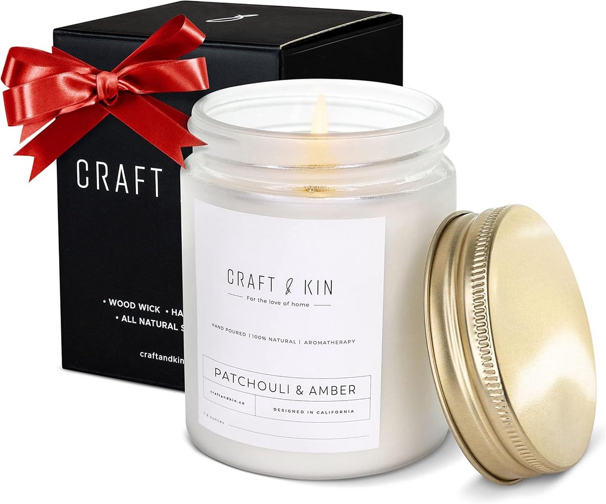 Patchouli & Amber Geurkaars | 8 Oz | 45 Uur Langdurige Geur | Klassieke Soja Lente Geurkaarsen met Houten Wiek | Natuurlijke Soja | Cadeaus voor Mannen en Vrouwen