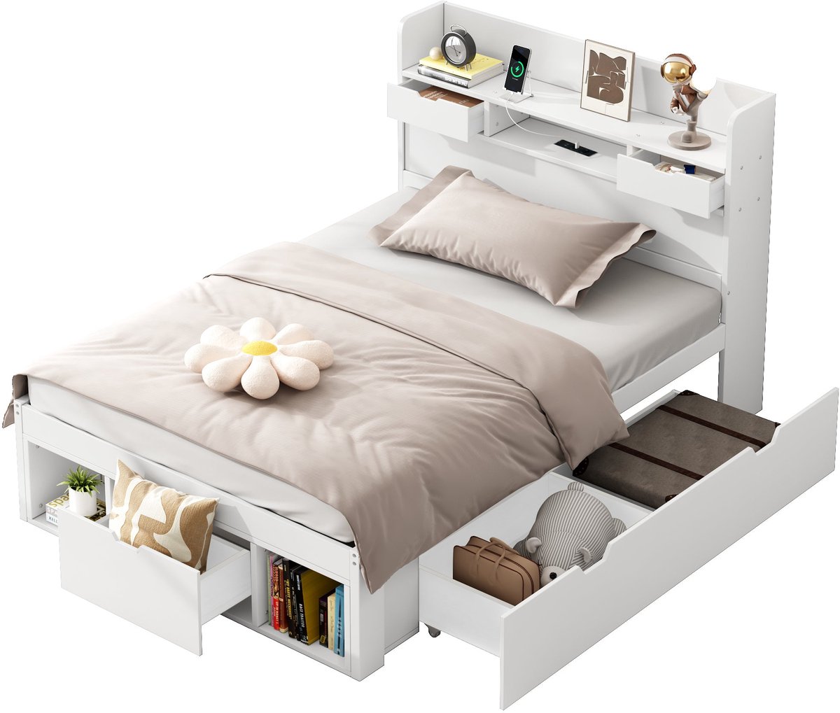 Merax Kinderbed 90x190 cm - Bed met Opbergruimte - USB Poort & 2 Stopcontacten - Grote Lade - Hoofdbord met Opbergvakken - Houten Lattenbodem - Wit - Zonder Matras