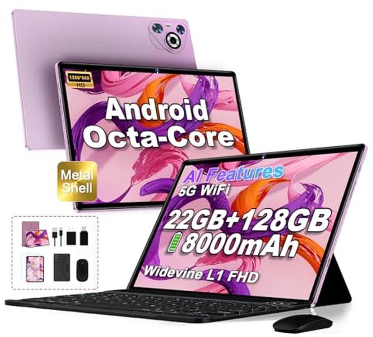 10 inch Tablet Android 14 met 22 GB RAM, 128 GB ROM, Octa-Core, 8000mAh, Dual WLAN, Face ID