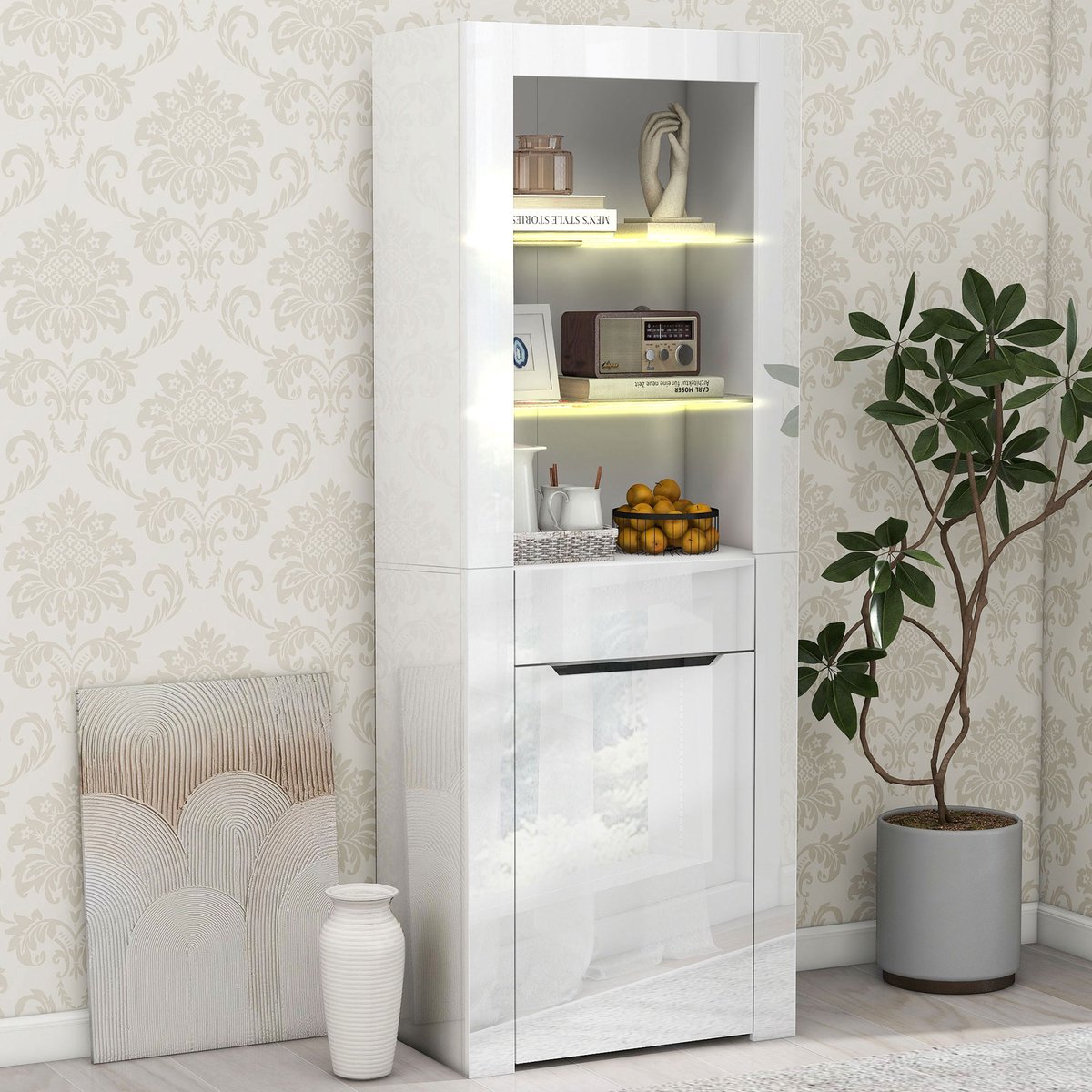 STILVORA Vitrinekast - LED Met App-Bediening En Glazen Deur - 1 Deur 1 Lade 2 Planken - Voor Woonkamer Eetkamer Slaapkamer - Spaanplaat - 60x35.5x165 cm - Wit