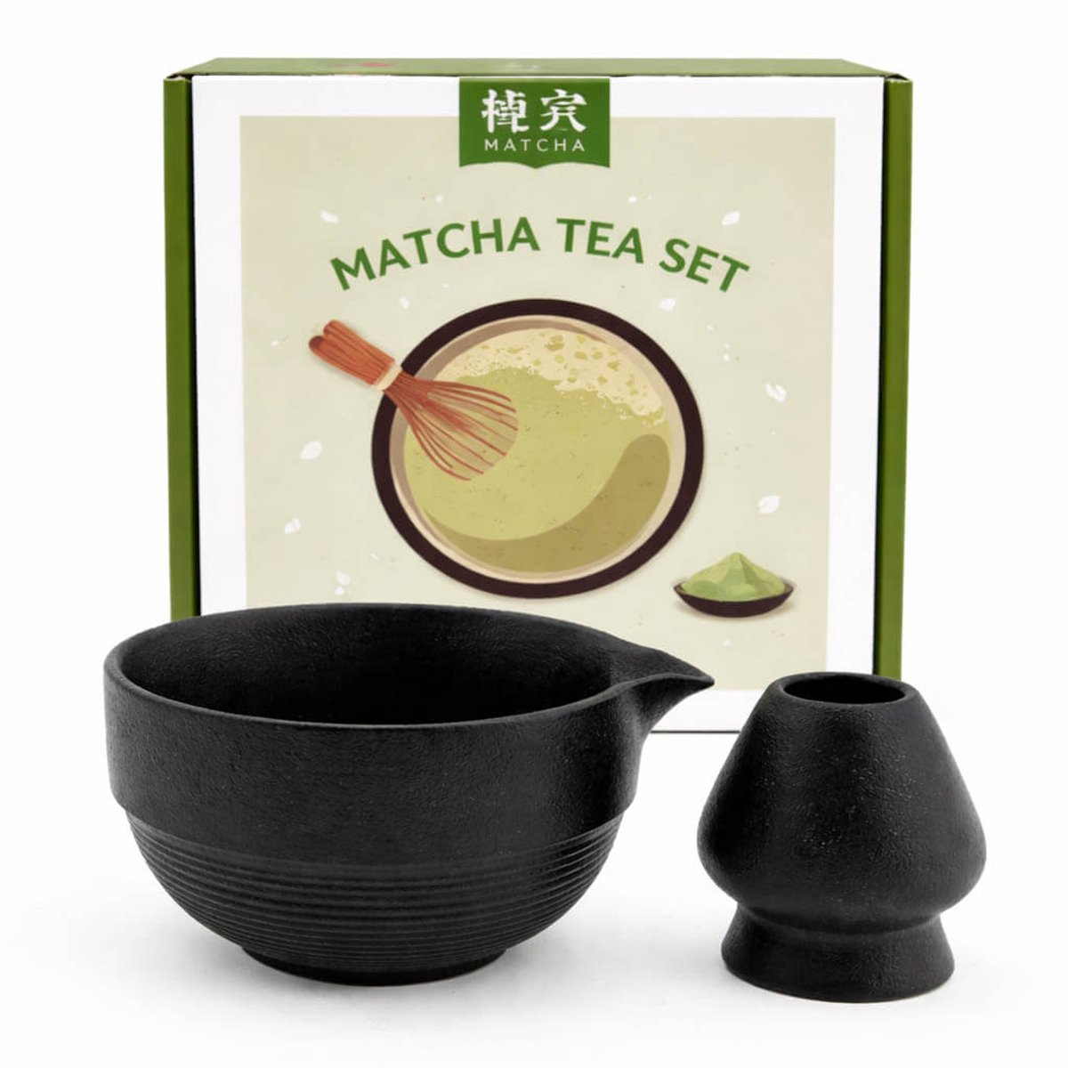 Matcha set in giftbox 2-delig– zwart – keramische matcha kom met schenktuit & houder voor bamboe klopper – Japans matcha ritueel – stijlvol thee cadeau