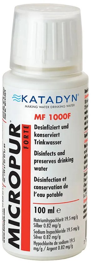 Katadyn Micropur Forte MF 1000F flesje met witte dop en label met rode en blauwe tekst. Bevat 100ml.