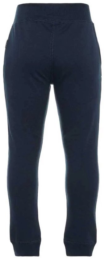 Achterkant van een navy joggingbroek met een rechte pasvorm en steekzakken.