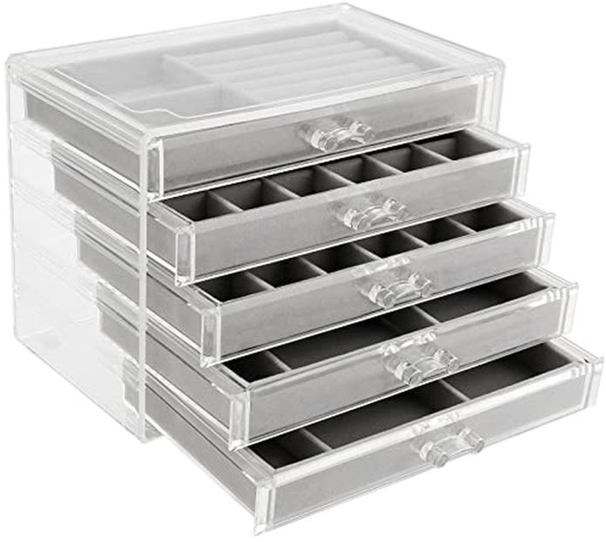 5-laden doorzichtige acryl sieradenopslag organizer doos met verstelbare fluwelen bekleding voor oorbellen, ringen, kettingen en armbanden